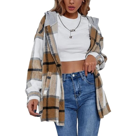 Casual Women's Plaid Hooded Shacket – Versatile Flannel Jacket with Two Pockets - Picture 1 of 5